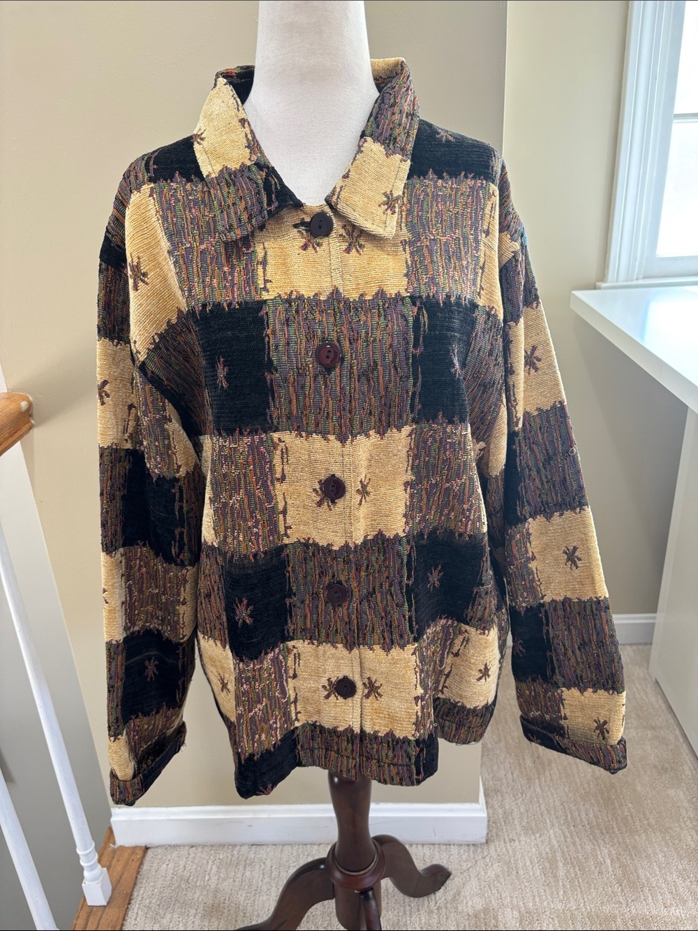 Vintage KEREN hart Black and Gold Square Tapestry Button-Up Jacket Size L EUC